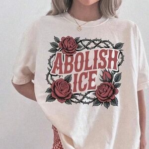 PROTEST White “Abolish ICE” Human Rights Rose Tee Shirt